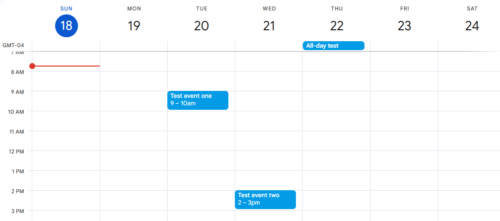 Google Calendar™ week view showing the three synced test events