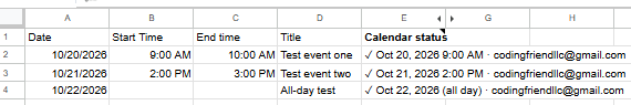 Three test rows in Google Sheets™ with a check mark status on each