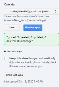 The Calendar Autopilot sidebar reporting 3 created, 0 updated, 0 deleted