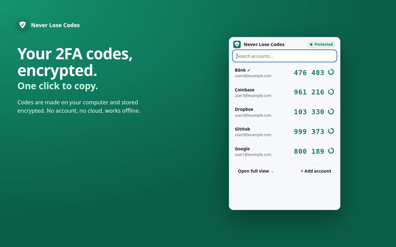 The Never Lose Codes popup listing five accounts with their current codes