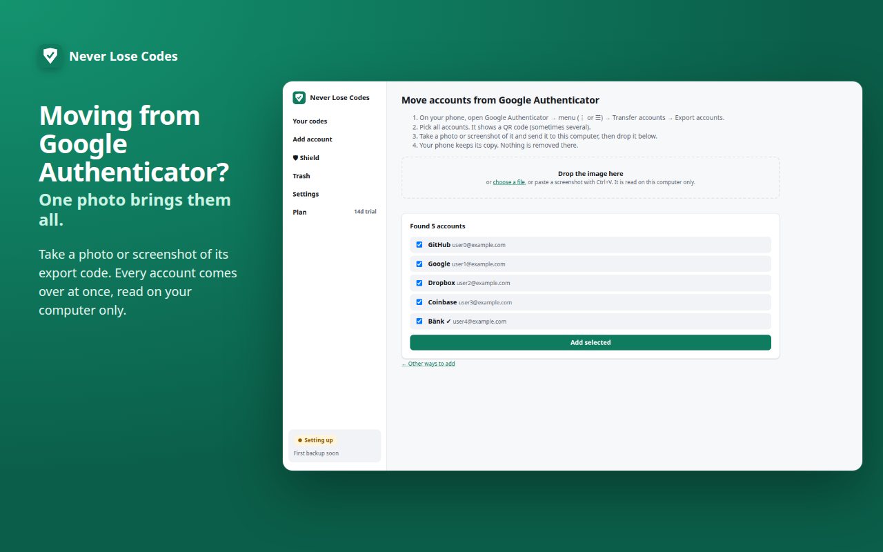 Moving five accounts from a Google Authenticator export image