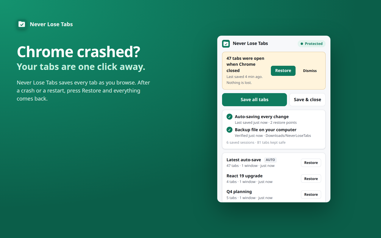 After a crash, a Restore button brings back all 47 tabs