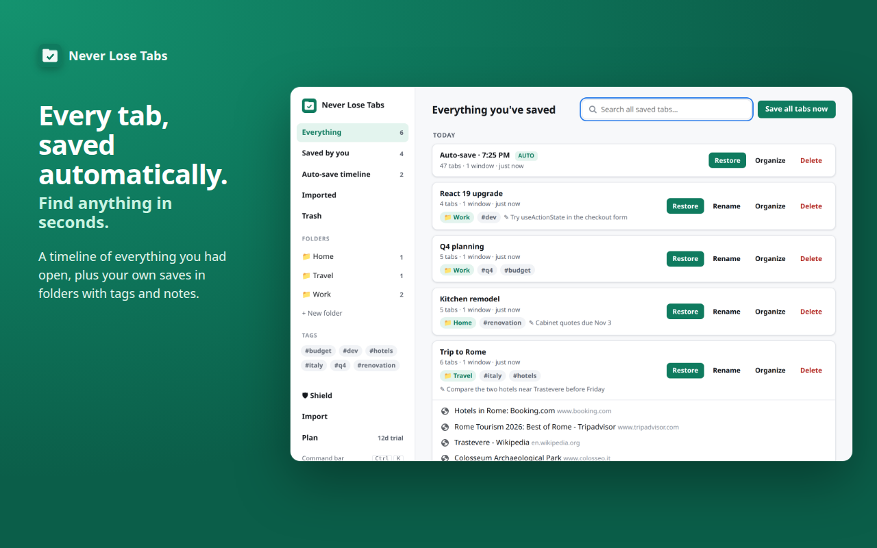 Every saved tab in a timeline, with folders and tags