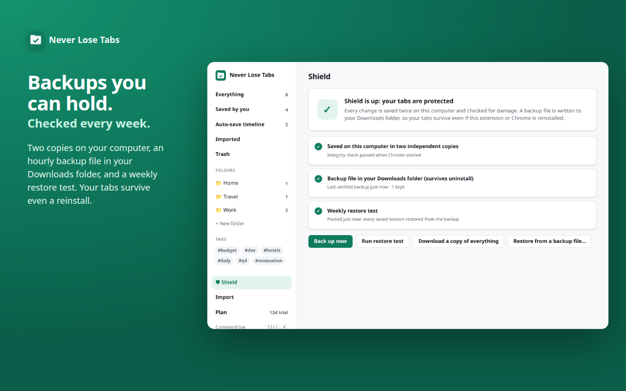 The Shield page shows every protection layer in green