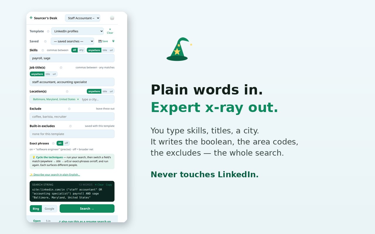 The Sourcer's Desk query builder turning skills, titles and a city into a finished search string
